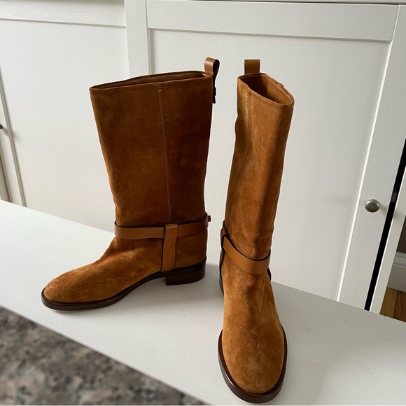 Stuart Weitzman Chestnut Cognac Suede Mid Calf Boots - Picture 1 of 11